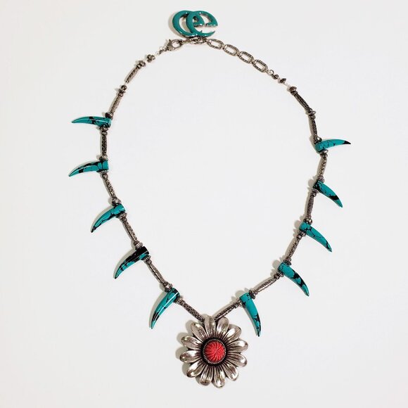 GUCCI NECKLACE MARMONT FLOWER TURQUOISE HORNS STERLING SILVER - Picture 4 of 13